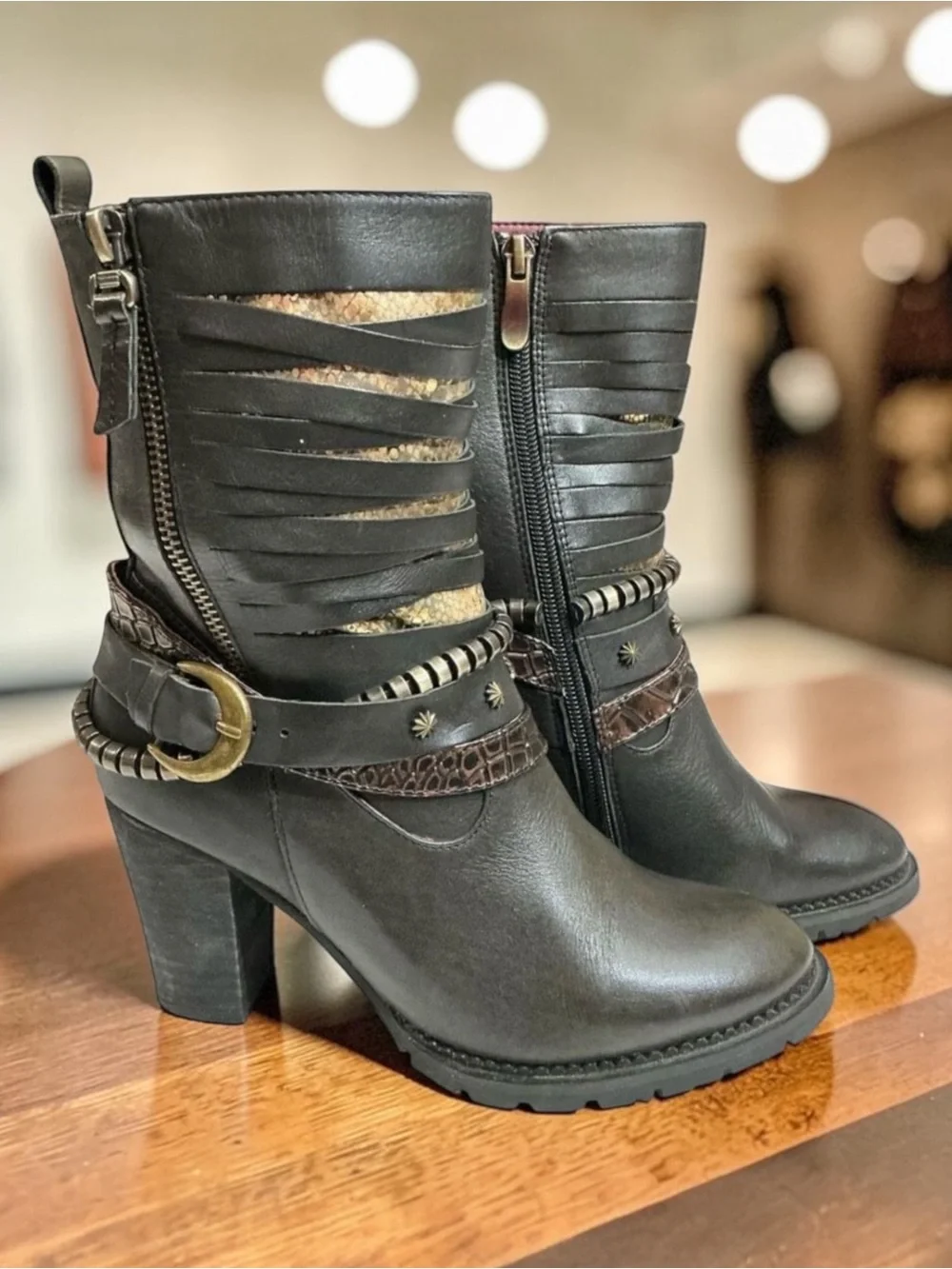 L'Artiste By Spring Step Makos Black and Snakeskin Heeled Boots Booties